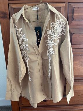 Galita Beige Embroidered Button-Down Blouse NWT